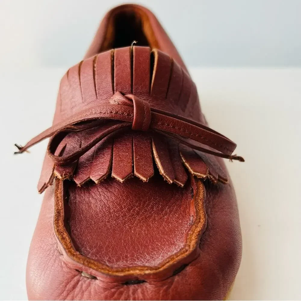 Vintage Red Brown Leather Fringe Moccasins Laced Wedge Rubber Sole Comfortable